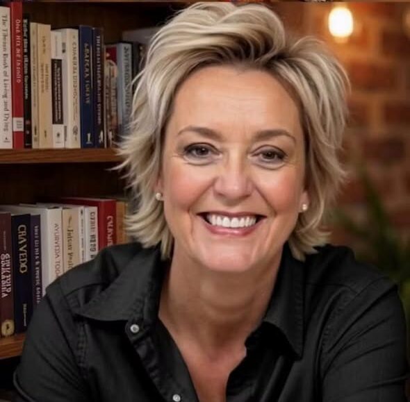 Tina Russell smiling in front of a bookshelf